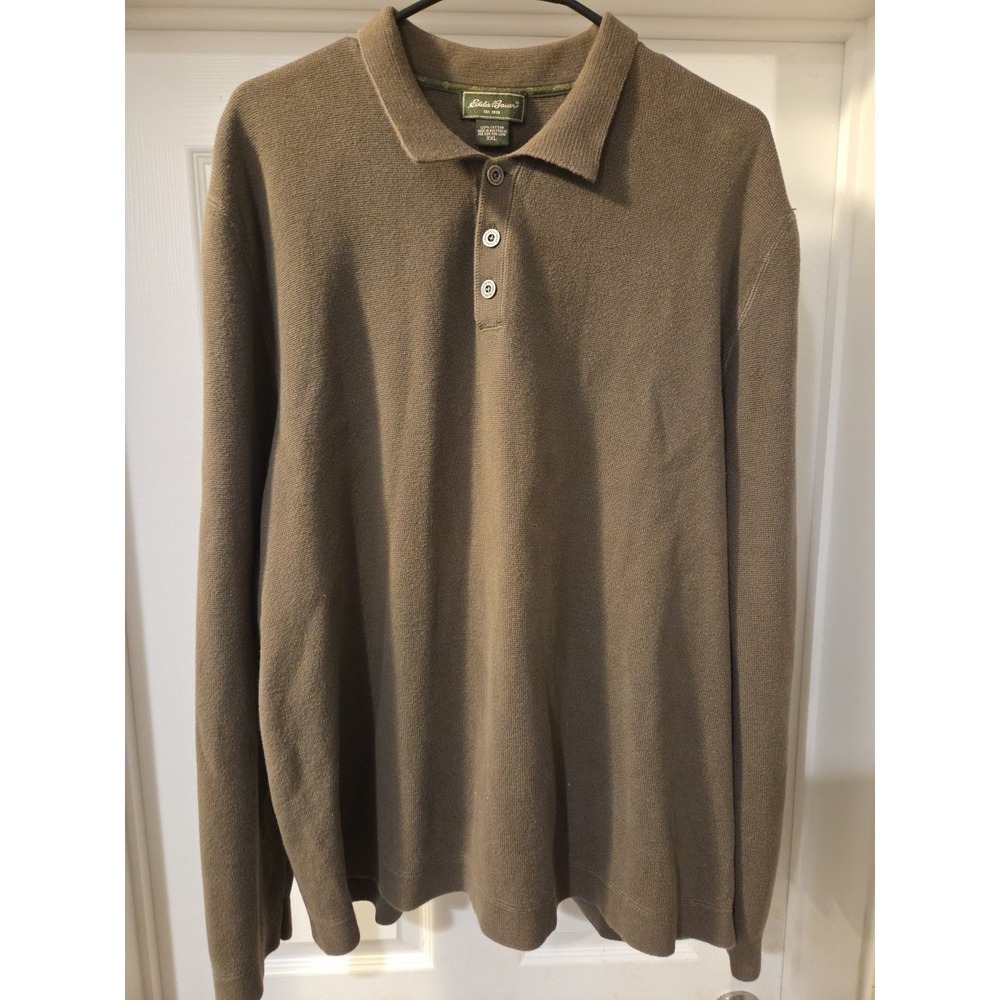 Eddie Bauer Polo Henley Sweater Men's XXL Green 100% Cotton Long Sleeve